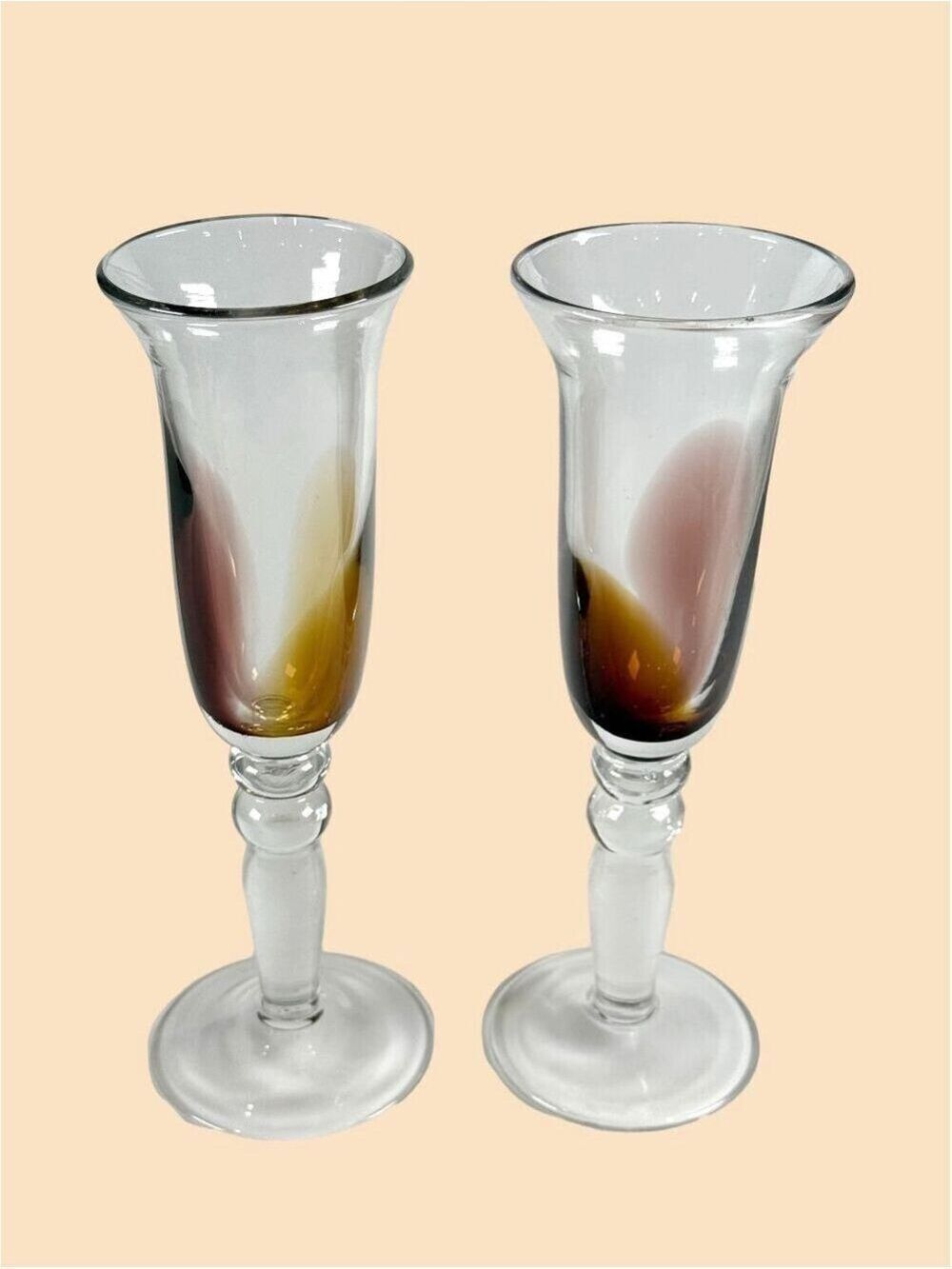 Pair of MCM Hand Blown Champagne Flutes Sommerso Studio Art Glass Amber Purple